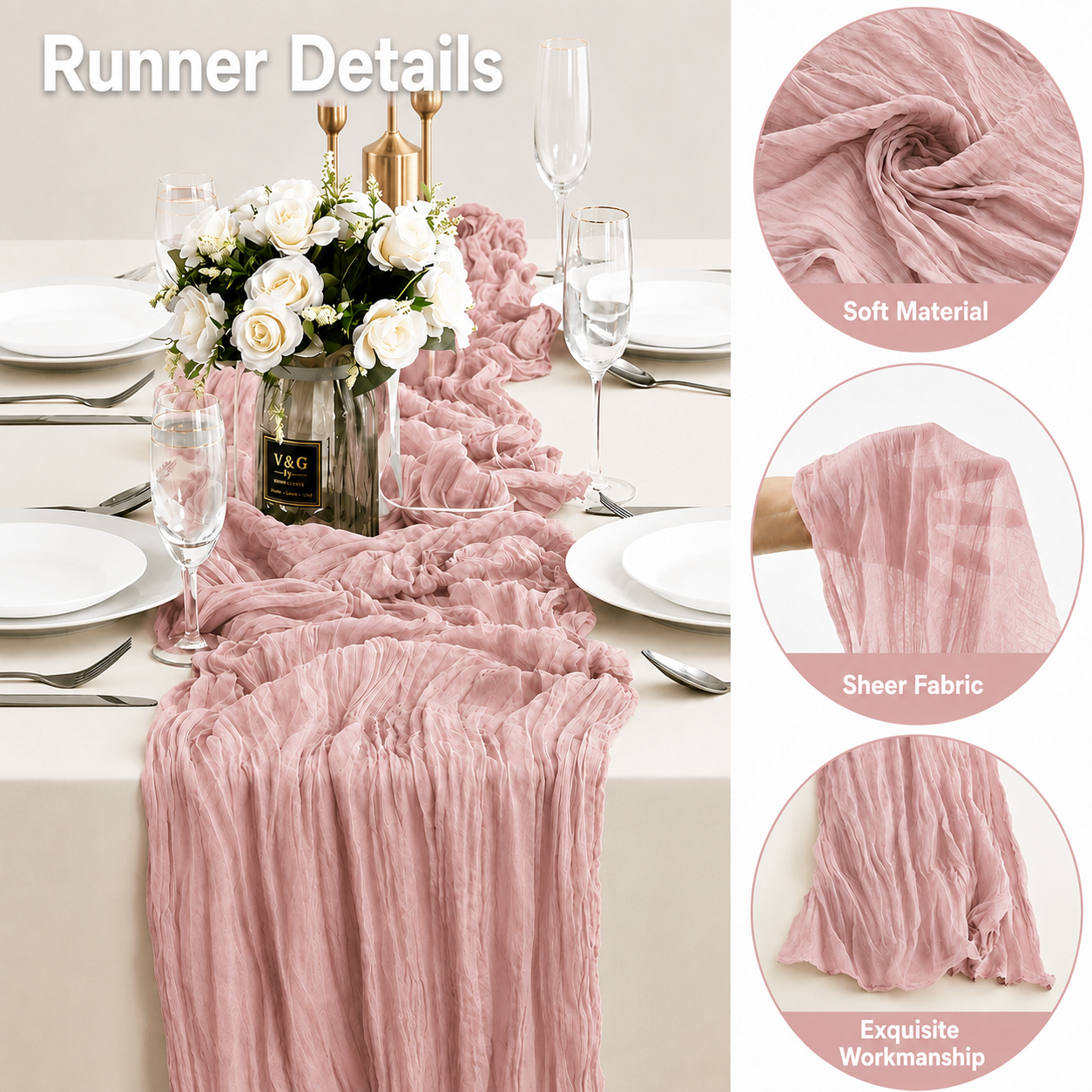 Table Runner - Pink 9.84ft Wrinkle Fabric Table Decor for Wedding, Party, Dessert Table and Event Decoration