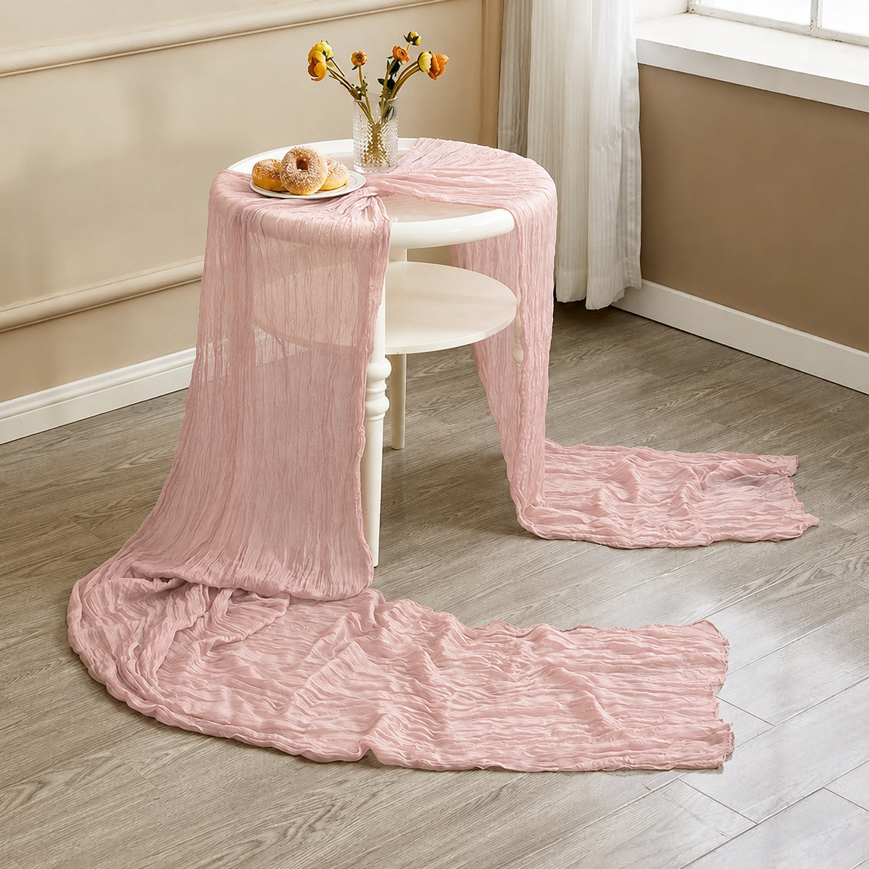 Table Runner - Pink 9.84ft Wrinkle Fabric Table Decor for Wedding, Party, Dessert Table and Event Decoration