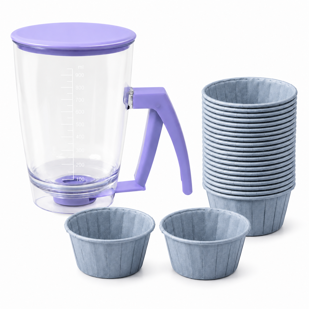 Handheld Batter Dispenser - 900ml with 50 Blue Cupcake Liners for Baking, Cake Making and Dessert Preparation