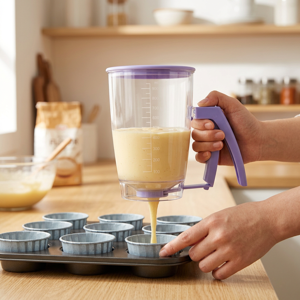 Handheld Batter Dispenser - 900ml with 50 Blue Cupcake Liners for Baking, Cake Making and Dessert Preparation