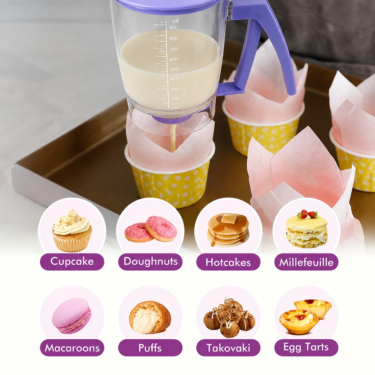 Handheld Batter Dispenser - 900ml with 50 Blue Cupcake Liners for Baking, Cake Making and Dessert Preparation