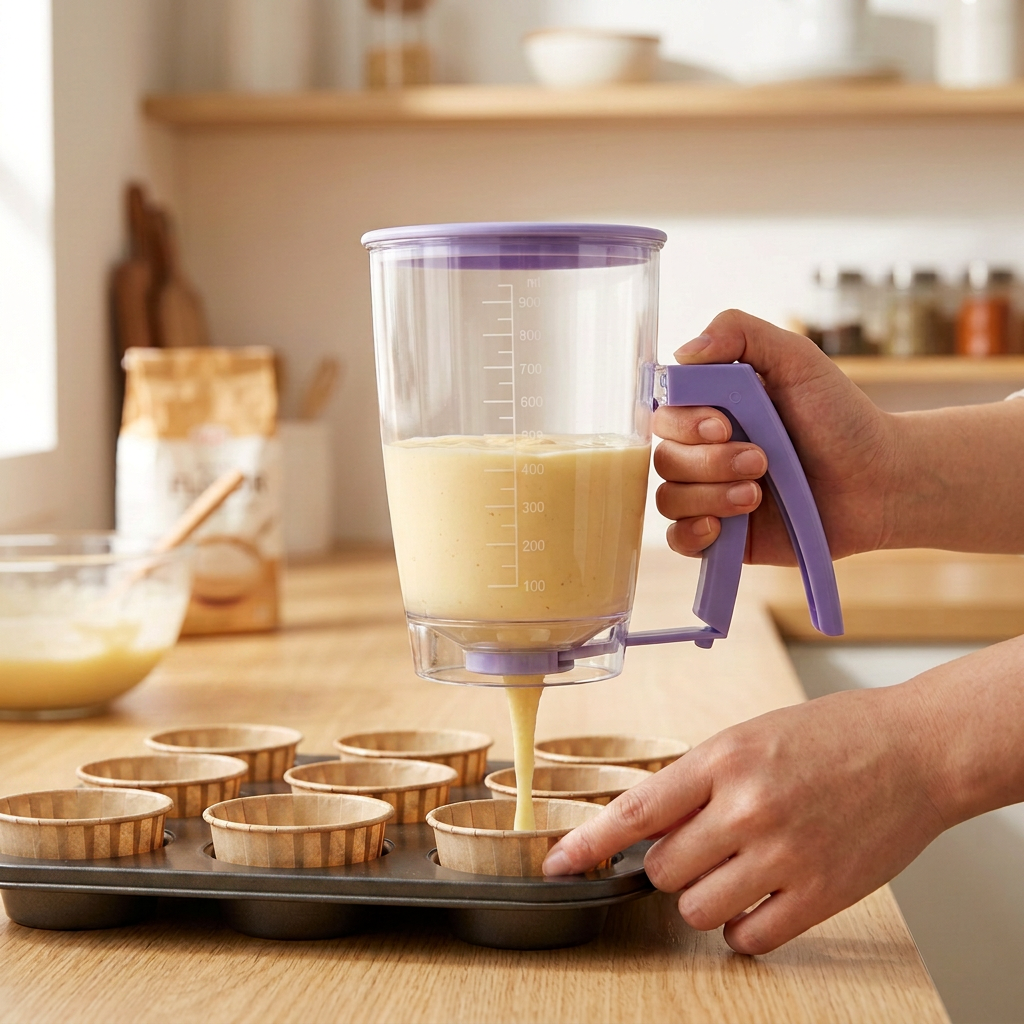Handheld Batter Dispenser - 900ml with 50 Brown Cupcake Liners for Baking, Cake Making and Dessert Preparation
