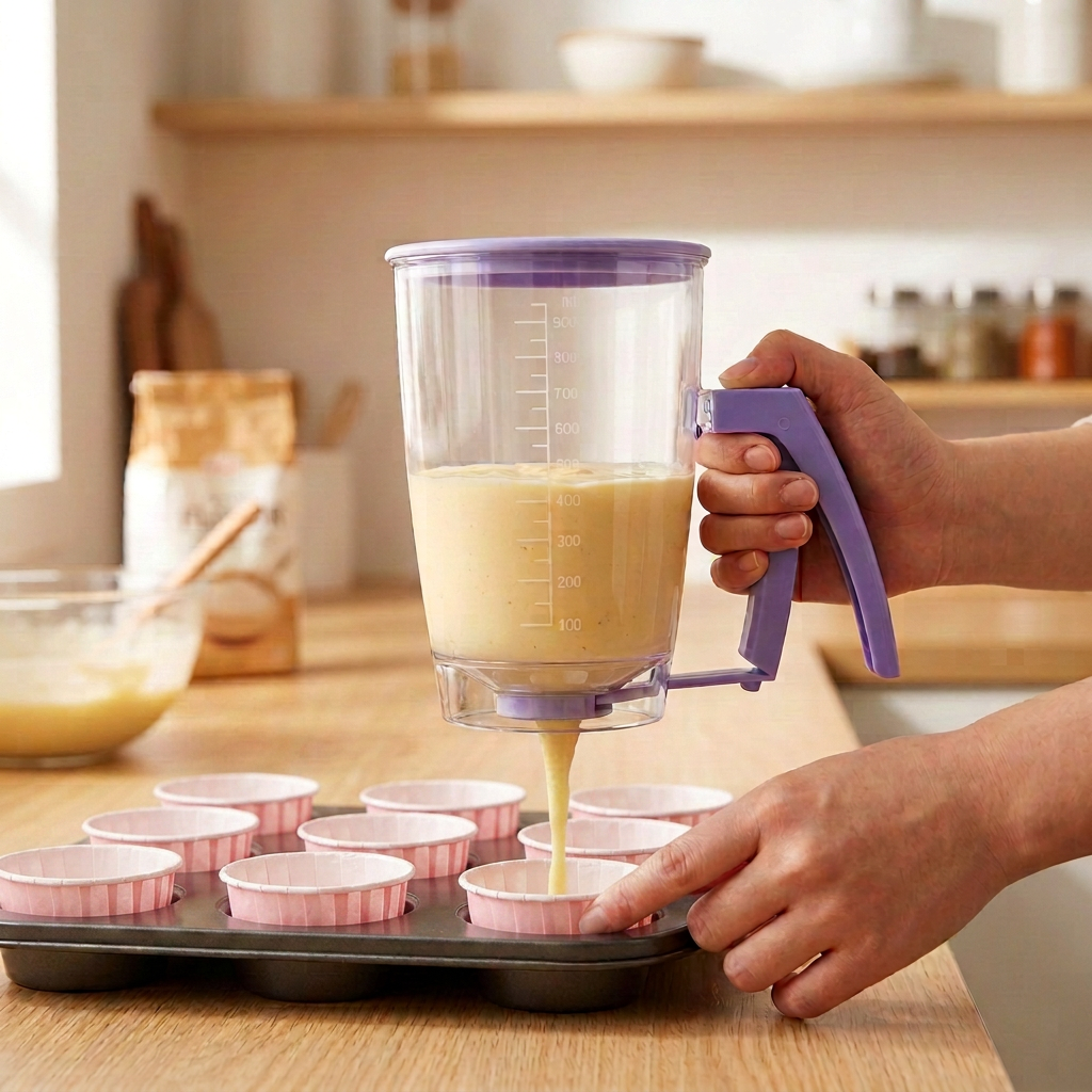 Handheld Batter Dispenser - 900ml with 50 Pink Cupcake Liners for Baking, Cake Making and Dessert Preparation