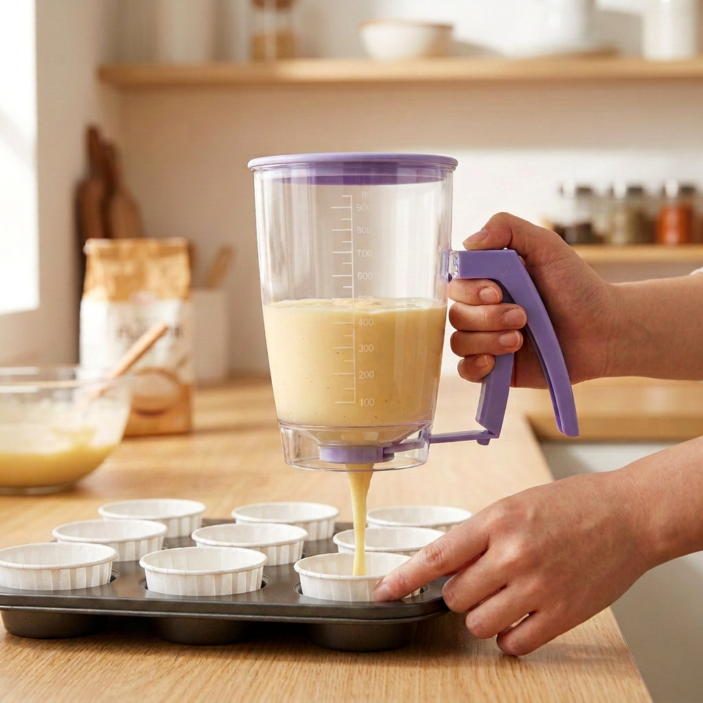 Handheld Batter Dispenser - 900ml with 50 White Cupcake Liners for Baking, Cake Making and Dessert Preparation