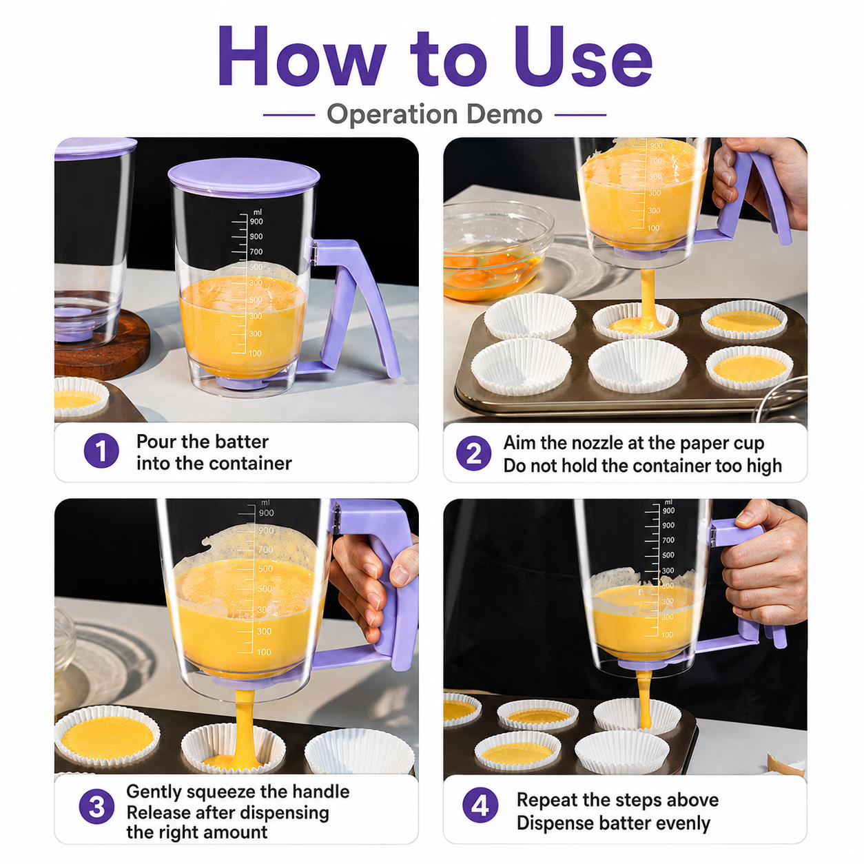 Handheld Batter Dispenser 900ml for Baking Cakes Waffles Pancakes Takoyaki and Desserts, Easy Squeeze Batter Funnel Tool for Home Kitchen Baking Projects