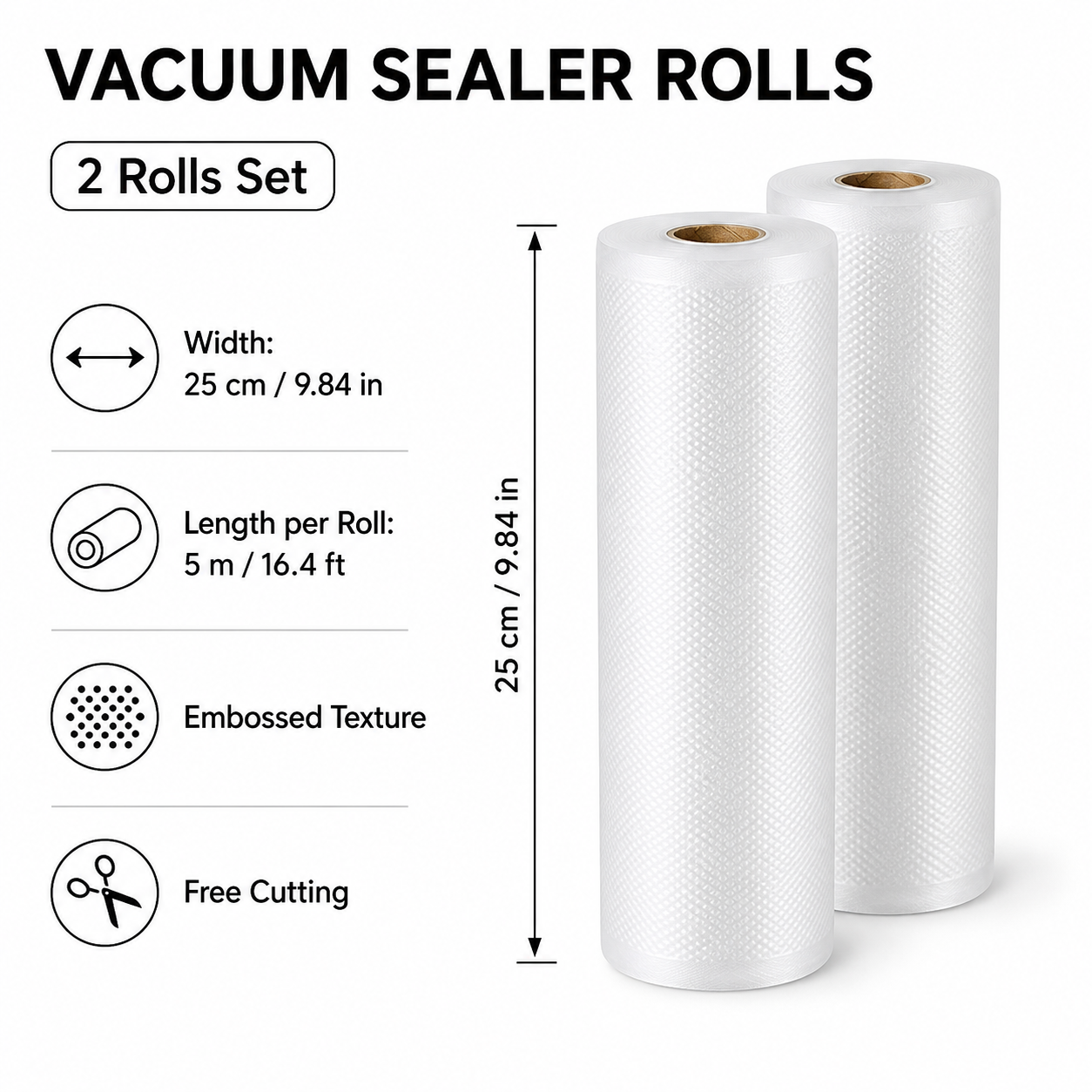 Vacuum Sealer Bag Roll 25cm x 5m Embossed Food Storage Bags 2 Rolls for Vacuum Packing and Kitchen Storage