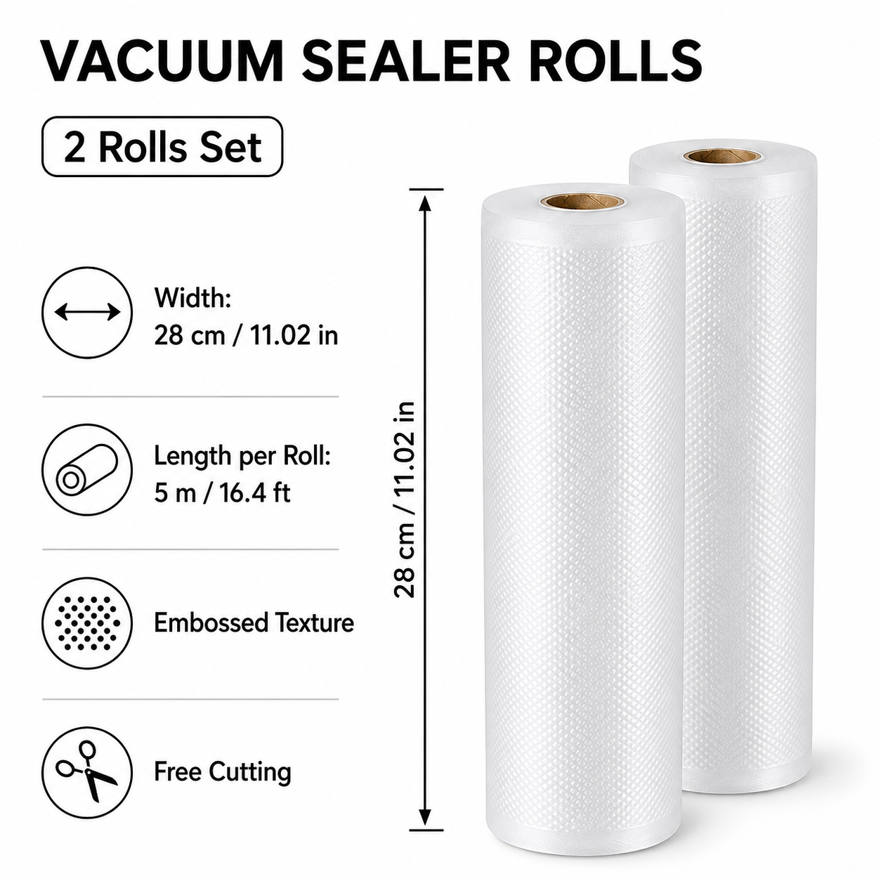 Vacuum Sealer Bag Roll 28cm x 5m Embossed Food Storage Bags 2 Rolls for Vacuum Packing and Kitchen Storage