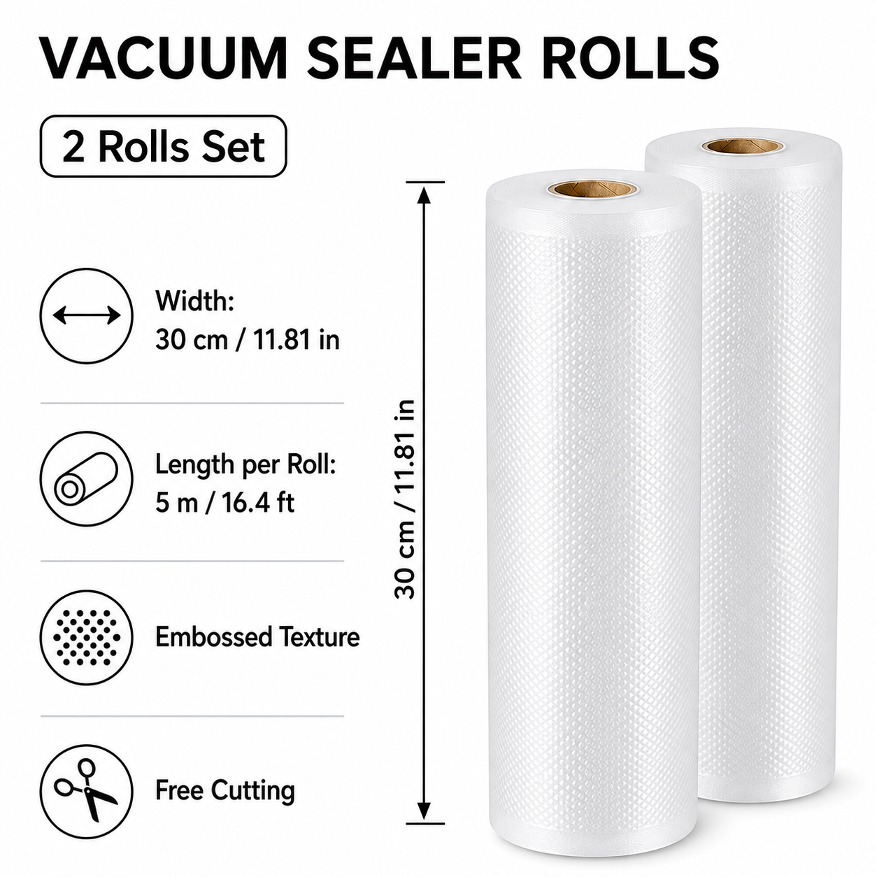 Vacuum Sealer Bag Roll 30cm x 5m Embossed Food Storage Bags 2 Rolls for Vacuum Packing and Kitchen Storage