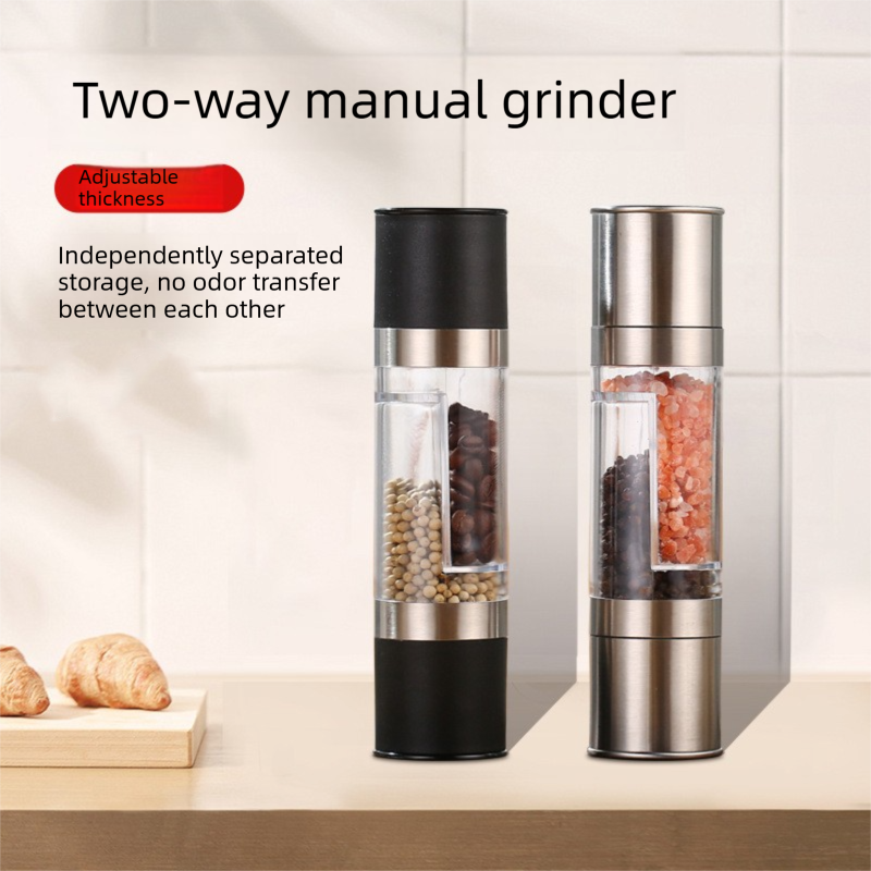 Dual Head Manual Pepper Grinder Silver Spice Mill with Adjustable Coarseness 20.5cm Kitchen Seasoning Tool