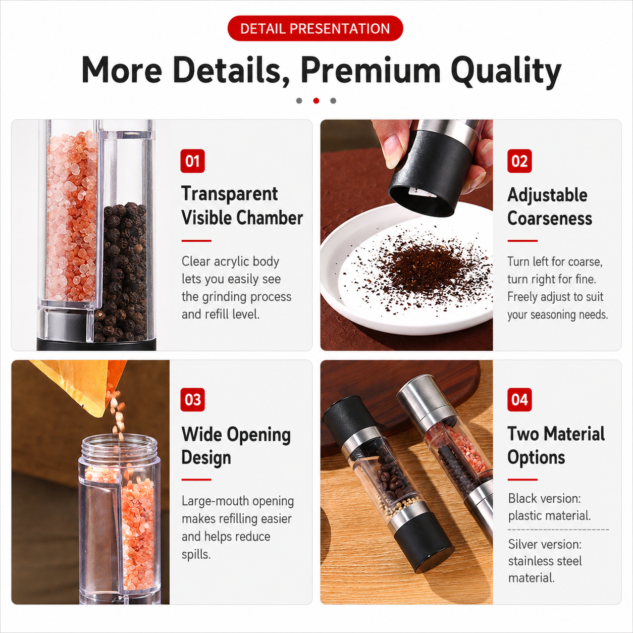 Dual Head Manual Pepper Grinder Silver Spice Mill with Adjustable Coarseness 20.5cm Kitchen Seasoning Tool