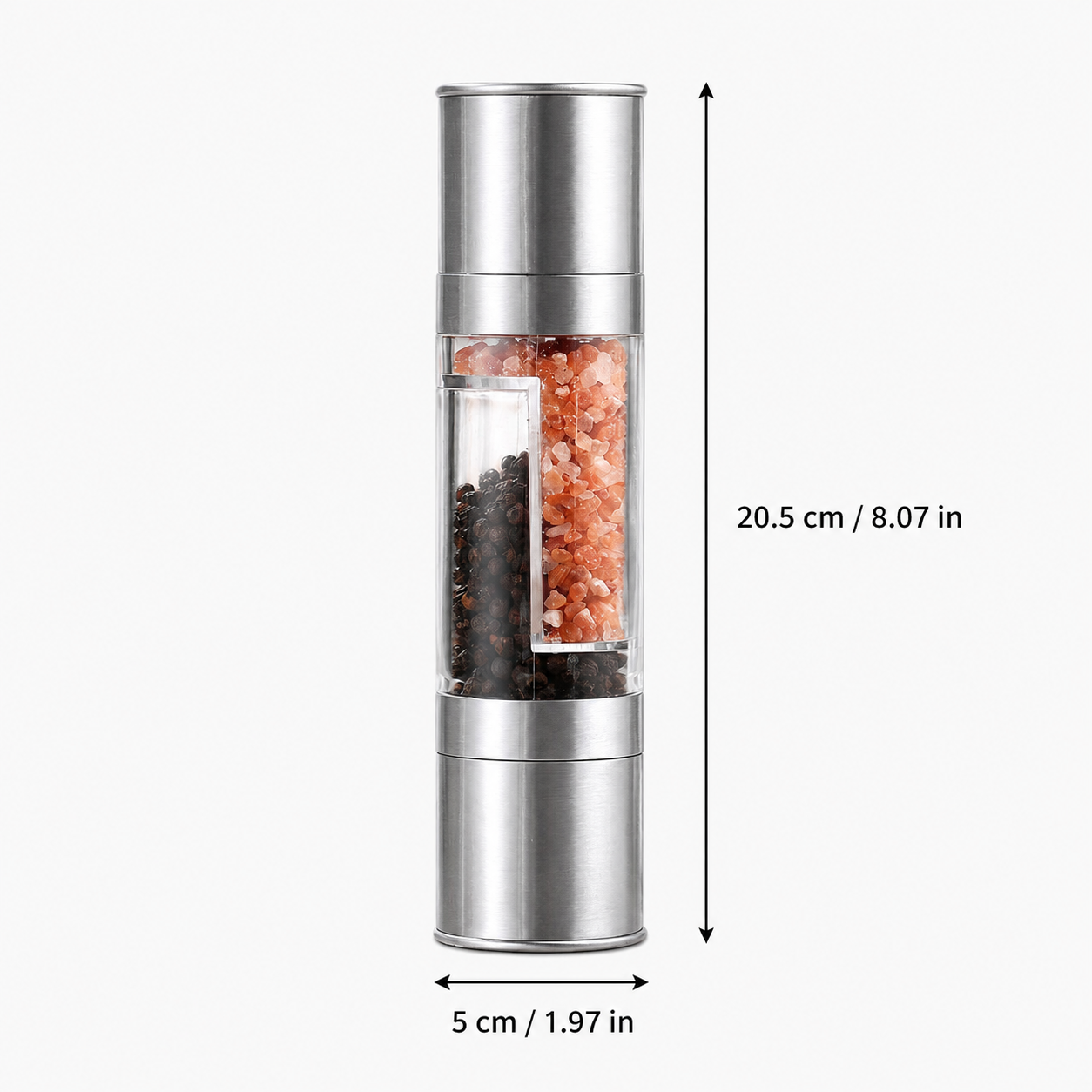 Dual Head Manual Pepper Grinder Silver Spice Mill with Adjustable Coarseness 20.5cm Kitchen Seasoning Tool