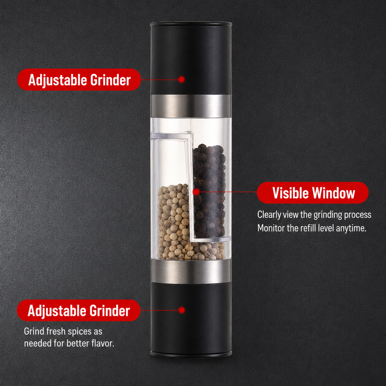 Dual Head Manual Pepper Grinder Black Spice Mill with Adjustable Coarseness 20.5cm Kitchen Seasoning Tool