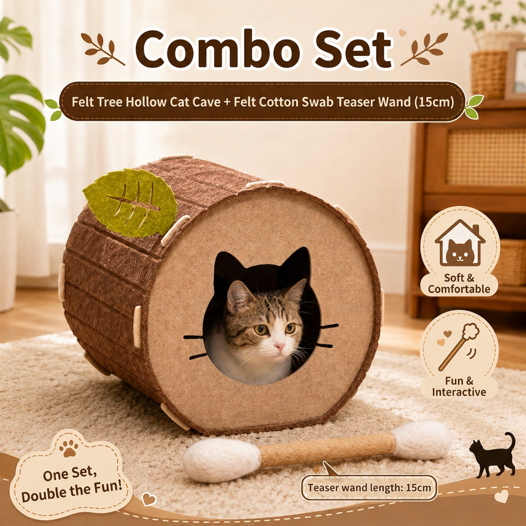 Felt Cat Cave Bed with Catnip Stick Toy 2 Piece Set - Leaf Shaped Cat House Tunnel Bed with Interactive Cat Toy