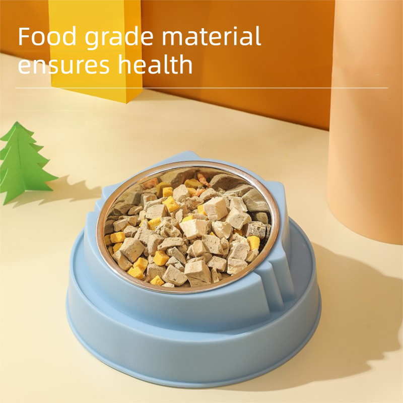 Blue Stainless Steel Cat Food Bowl with Cat Face Design Raised Pet Feeding Bowl