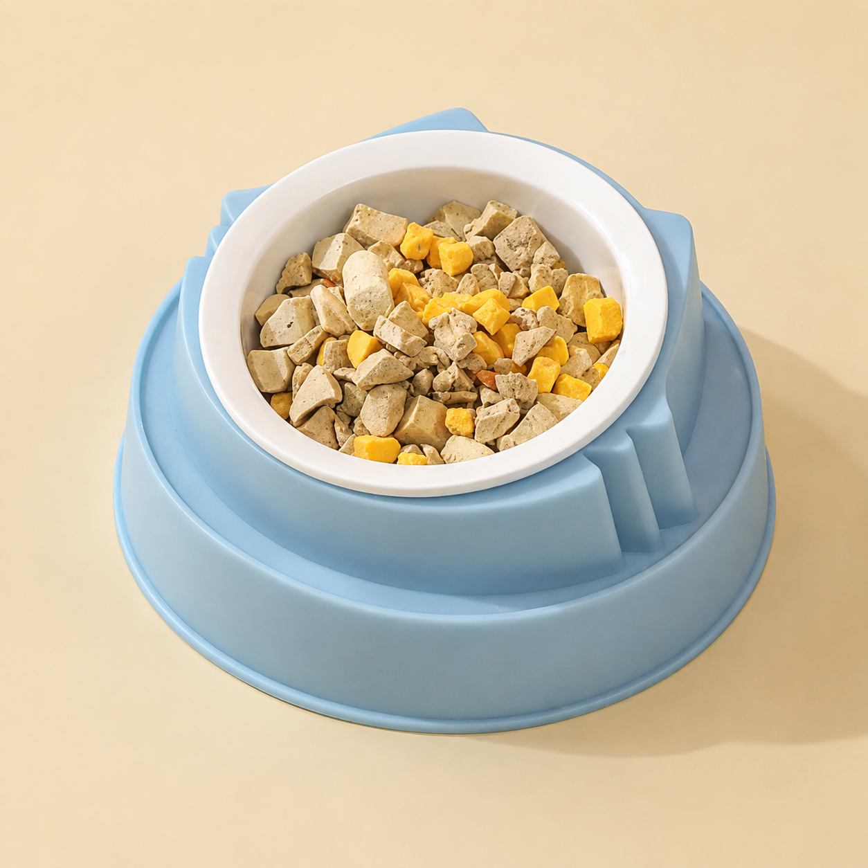 Blue Plastic Cat Food Bowl with Cat Face Design Raised Pet Feeding Bowl