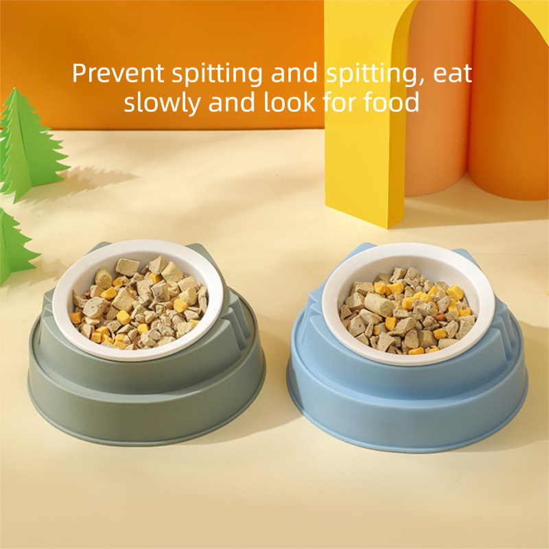 Blue Plastic Cat Food Bowl with Cat Face Design Raised Pet Feeding Bowl