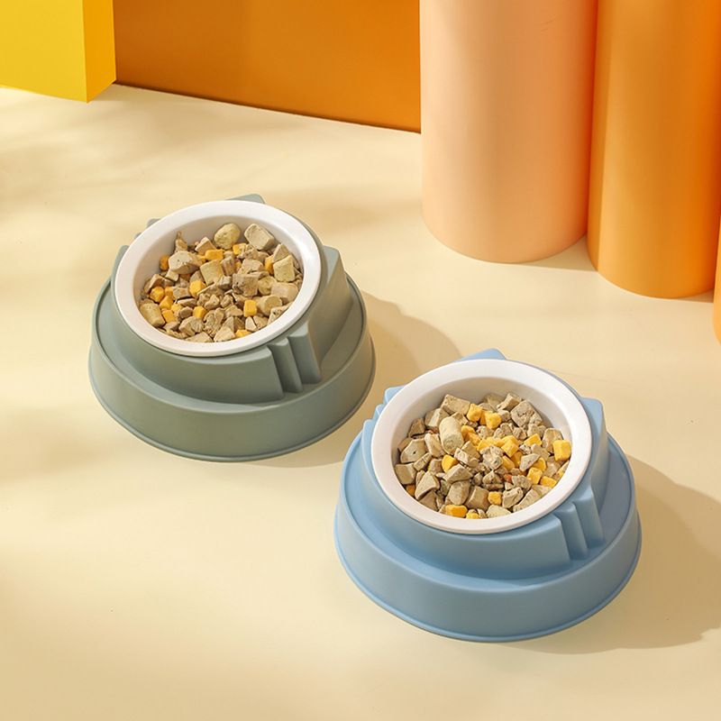 Blue Plastic Cat Food Bowl with Cat Face Design Raised Pet Feeding Bowl