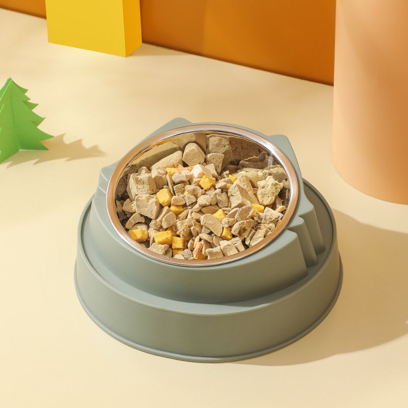 Green Stainless Steel Cat Food Bowl with Cat Face Design Raised Pet Feeding Bowl
