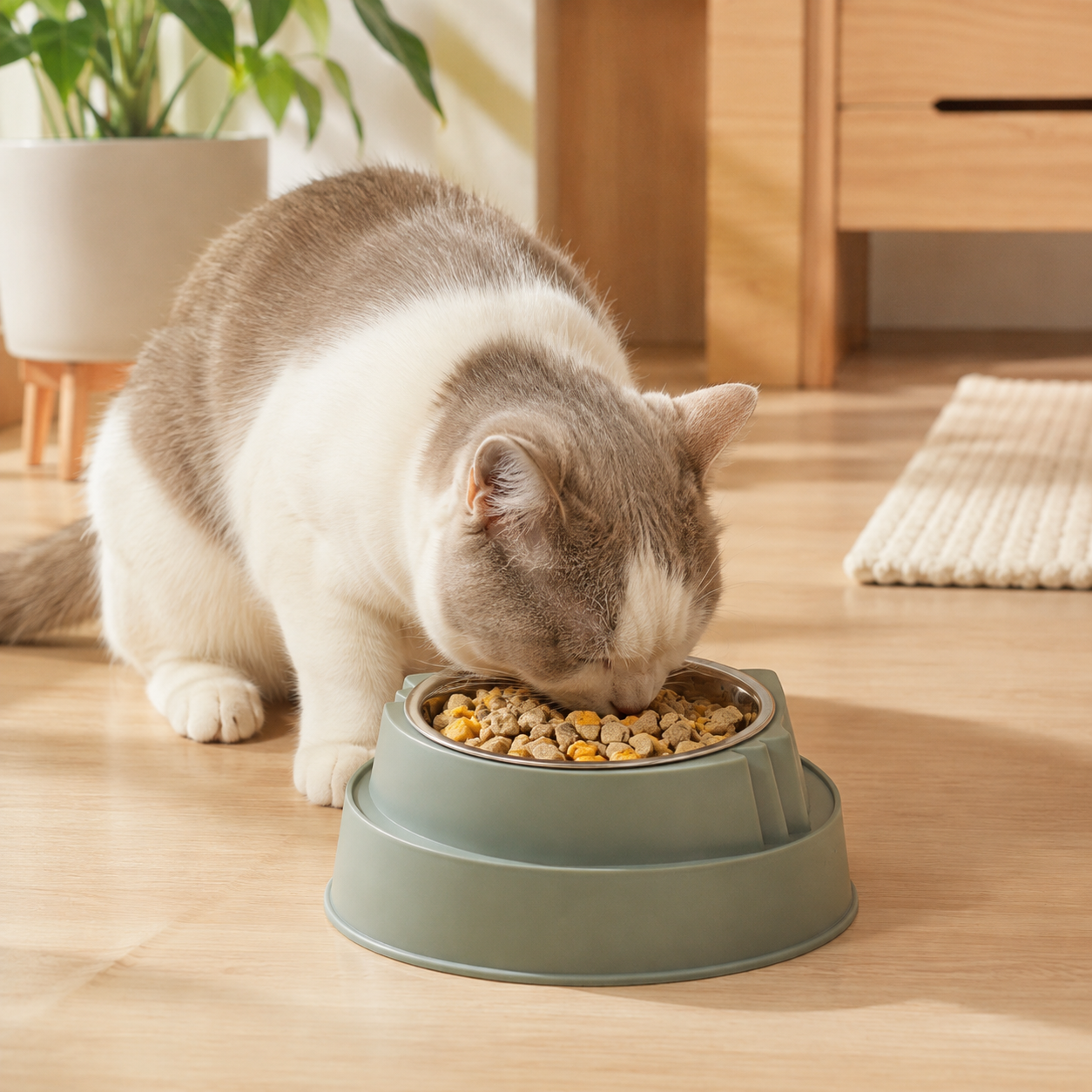 Green Stainless Steel Cat Food Bowl with Cat Face Design Raised Pet Feeding Bowl
