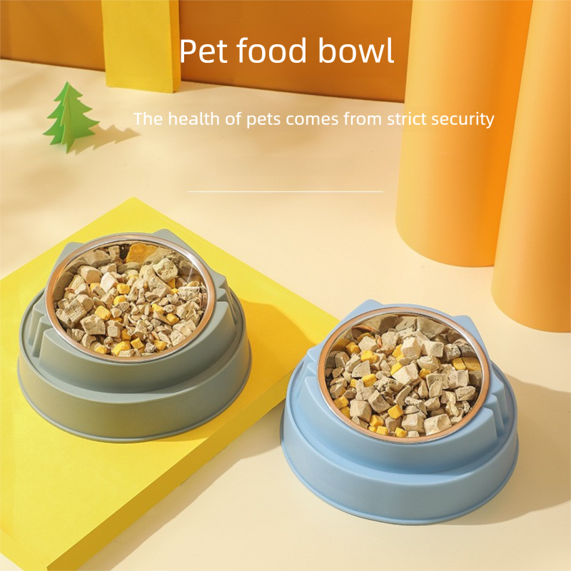Green Stainless Steel Cat Food Bowl with Cat Face Design Raised Pet Feeding Bowl