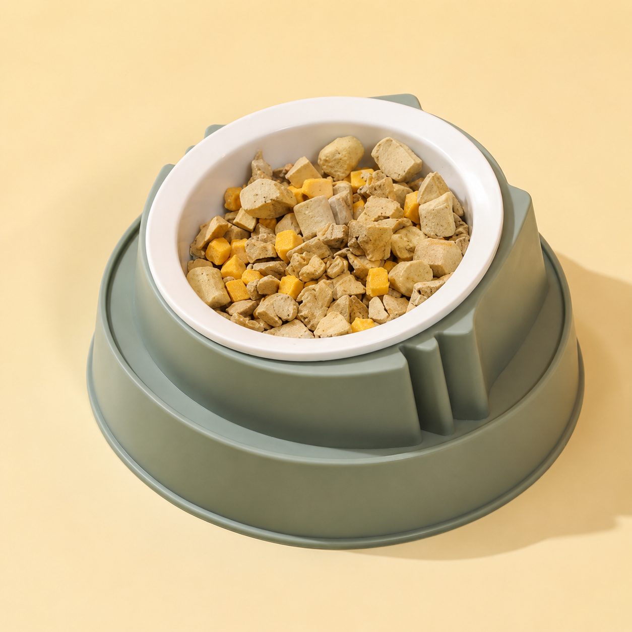 Green Plastic Cat Food Bowl with Cat Face Design Raised Pet Feeding Bowl