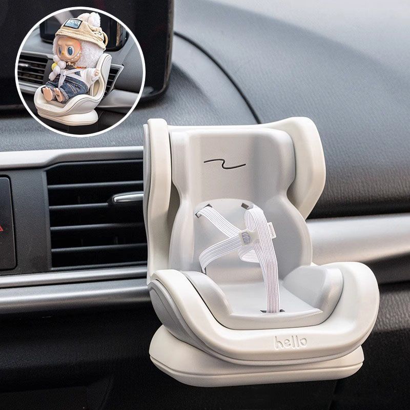 Gray Mini Doll Safety Seat with Magnetic Base, Car Dashboard Plush Toy Holder Decoration