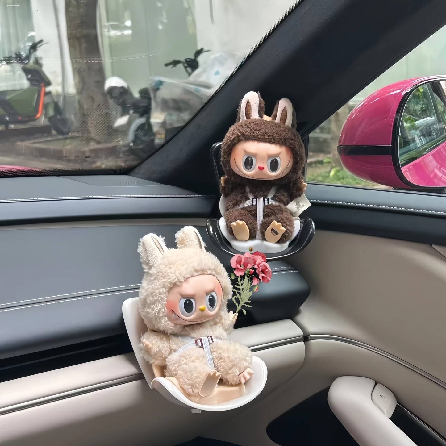 Macaron Pink Mini Doll Safety Seat with Magnetic Base, Car Dashboard Plush Toy Holder Decoration