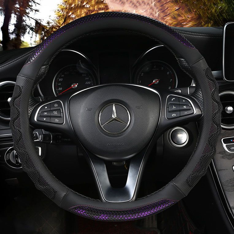 Car Steering Wheel Cover (38cm)- 3D Honeycomb Breathable Mesh - Anti-Slip Sweat-Absorbent Grip for All-Season Driving, Black and Purple