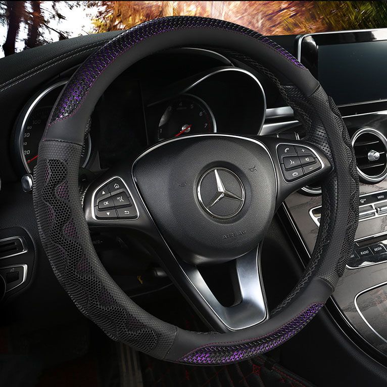 Car Steering Wheel Cover (38cm)- 3D Honeycomb Breathable Mesh - Anti-Slip Sweat-Absorbent Grip for All-Season Driving, Black and Purple
