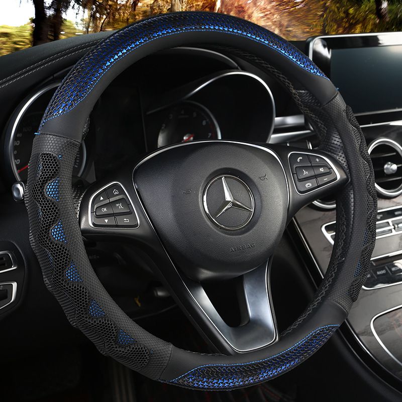 Car Steering Wheel Cover (38cm)- 3D Honeycomb Breathable Mesh - Anti-Slip Sweat-Absorbent Grip for All-Season Driving, Black and Blue