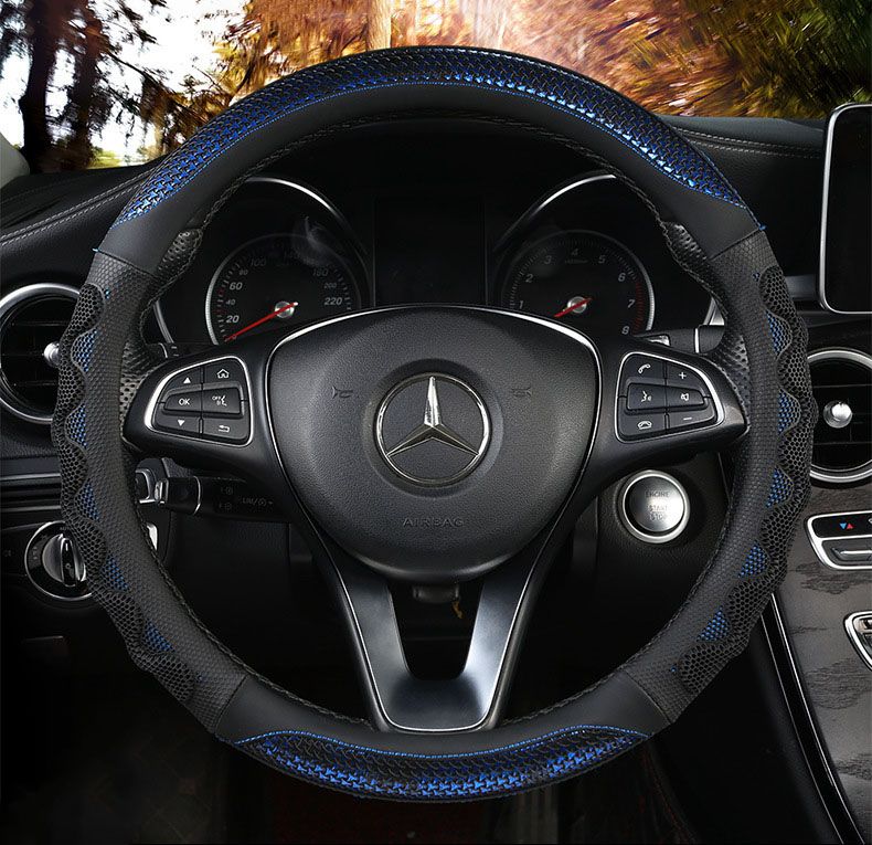 Car Steering Wheel Cover (38cm)- 3D Honeycomb Breathable Mesh - Anti-Slip Sweat-Absorbent Grip for All-Season Driving, Black and Blue