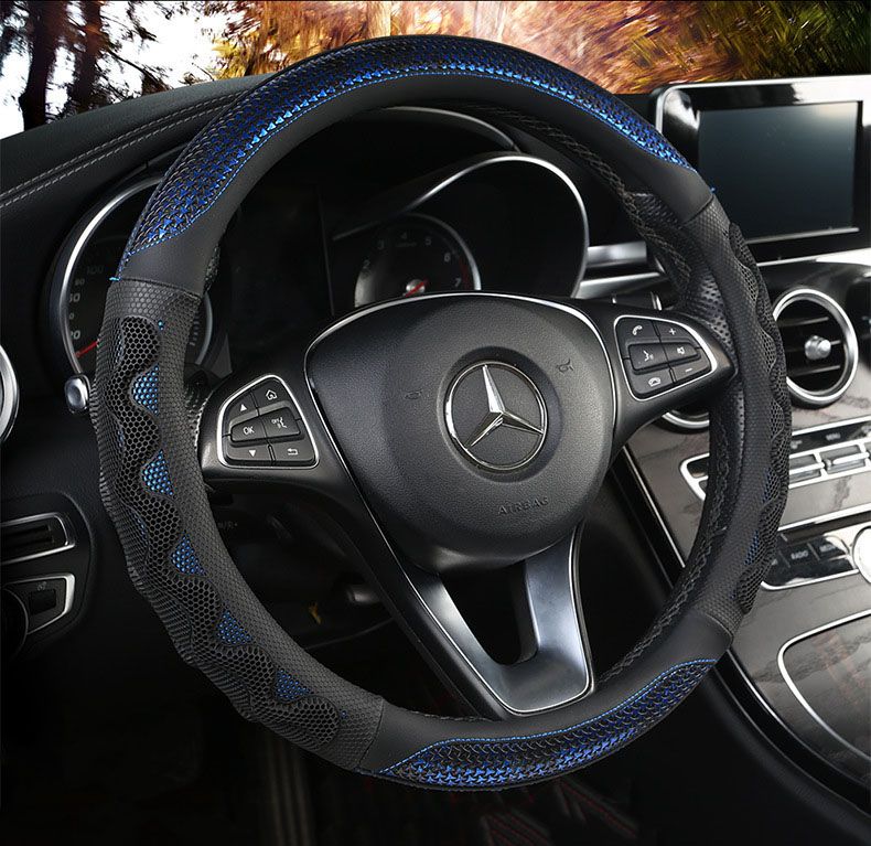 Car Steering Wheel Cover (38cm)- 3D Honeycomb Breathable Mesh - Anti-Slip Sweat-Absorbent Grip for All-Season Driving, Black and Blue