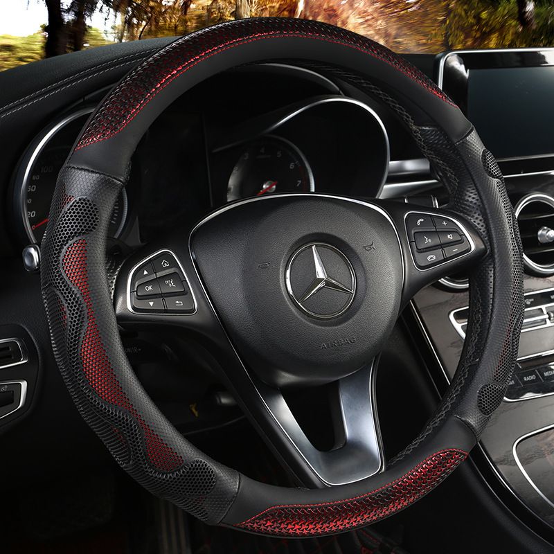 Car Steering Wheel Cover (38cm)- 3D Honeycomb Breathable Mesh - Anti-Slip Sweat-Absorbent Grip for All-Season Driving, Black and Red