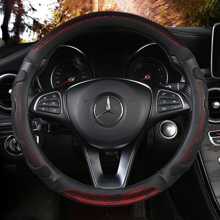 Car Steering Wheel Cover (38cm)- 3D Honeycomb Breathable Mesh - Anti-Slip Sweat-Absorbent Grip for All-Season Driving, Black and Red