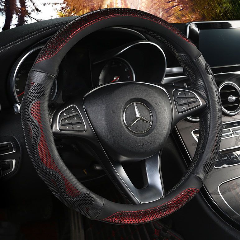Car Steering Wheel Cover (38cm)- 3D Honeycomb Breathable Mesh - Anti-Slip Sweat-Absorbent Grip for All-Season Driving, Black and Red