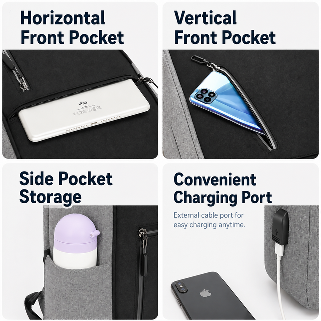 3-Piece Grey and Black Set Large Capacity Waterproof Business Travel Backpack + Crossbody Bag + Coin Purse with 16 Inch Laptop Padded Compartment, Muti Pockets & USB Charging Port
