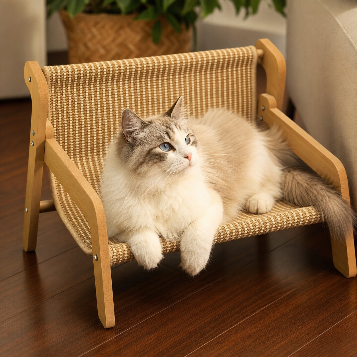 53.5 x 46 x 28 CM Large Cat Scratcher Sofa Bed with Wooden Elevated Base - Soft Sisal Breathable Lounge and Durable Scratch Board for Indoor Cats and Furniture Protection