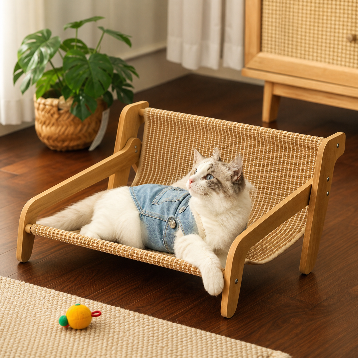 54 x 44 x 28CM Large Cat Scratcher Sofa Bed with Wooden Elevated Base - Breathable Cooling Rattan Woven Lounge and Durable Scratch Board for Indoor Cats and Furniture Protection