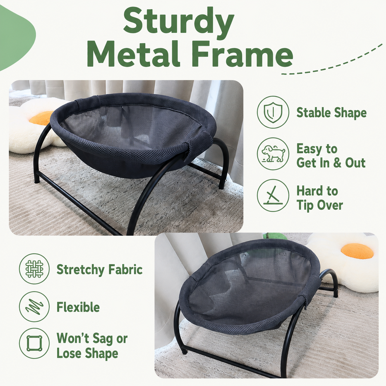 Dark Grey Elevated Cat Hammock Bed - 45 x 42 x 23 cm Reinforced Iron Frame and Easily Removable Breathable Elastic Mesh, Stable Raised Cooling Lounger for Cats and Small Dogs All Season Use