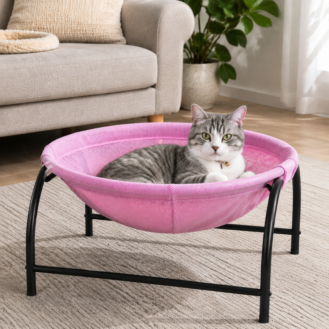 Pink Elevated Cat Hammock Bed - 45 x 42 x 23 cm Reinforced Iron Frame and Easily Removable Breathable Elastic Mesh, Stable Raised Cooling Lounger for Cats and Small Dogs All Season Use