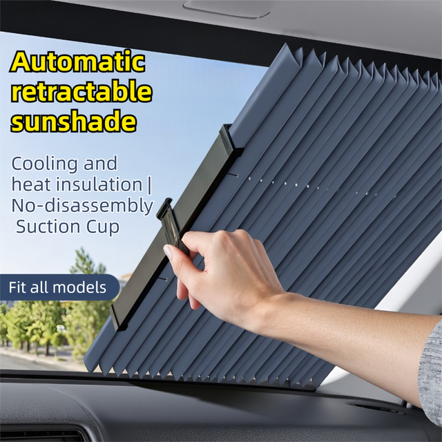 Retractable Car Windscreen Sun Shade with Suction Cup  - Auto Roll Up Heat Reflective Aluminium Film Curtain, Cut to Fit for Universal Vehicles 46 x 130 / 150 cm