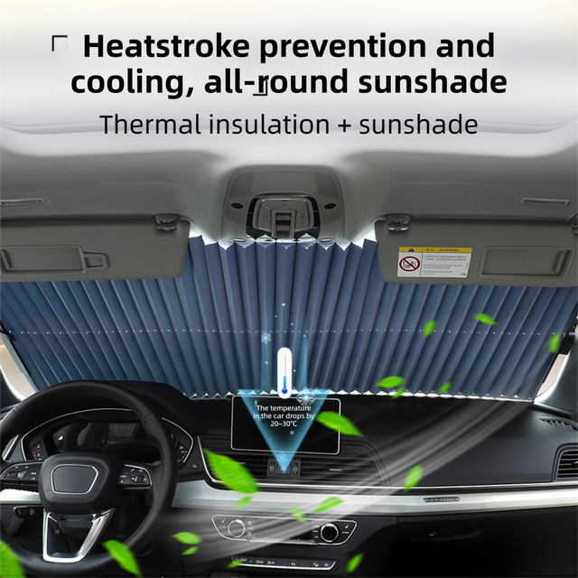 Retractable Car Windscreen Sun Shade with Suction Cup  - Auto Roll Up Heat Reflective Aluminium Film Curtain, Cut to Fit for Universal Vehicles 65 x 130 / 150 cm