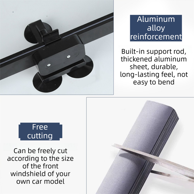 Retractable Car Windscreen Sun Shade with Suction Cup  - Auto Roll Up Heat Reflective Aluminium Film Curtain, Cut to Fit for Universal Vehicles 65 x 130 / 150 cm