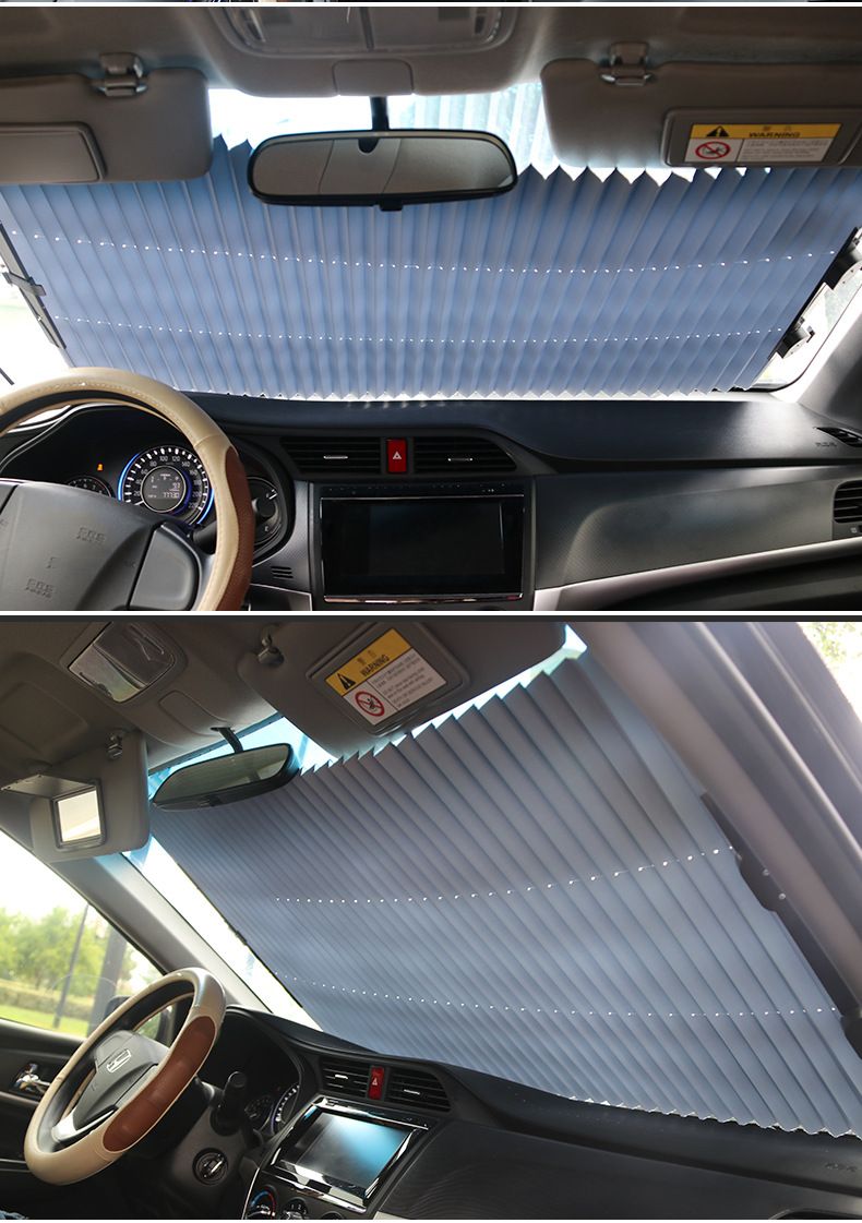 Retractable Car Windscreen Sun Shade with Suction Cup  - Auto Roll Up Heat Reflective Aluminium Film Curtain, Cut to Fit for Universal Vehicles 70 x 130 / 150 cm