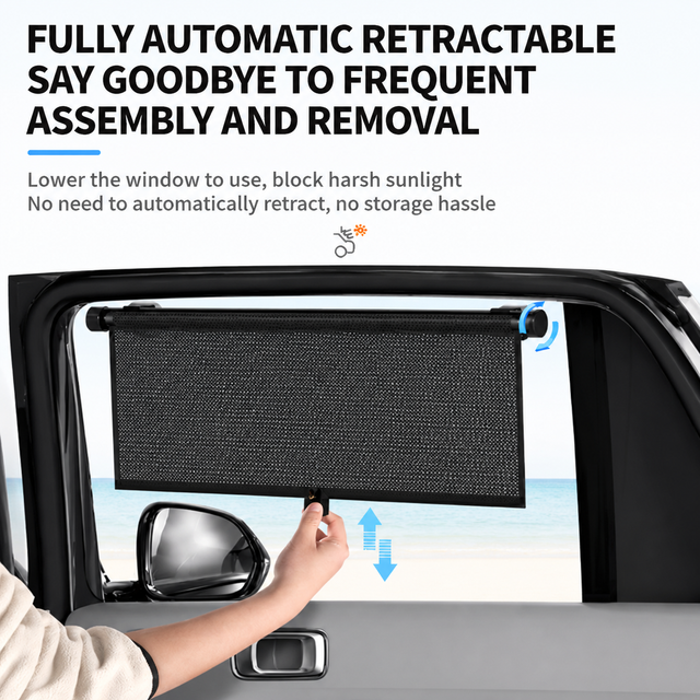 1 Pair Retractable Car Side Window Sun Shade (40 x 45CM) - 6 Layer Vinyl Insulation Reflective Roller Blinds, One Click Auto Rewind, One-Way Privacy, Universal Suction Cup & Velcro Fit