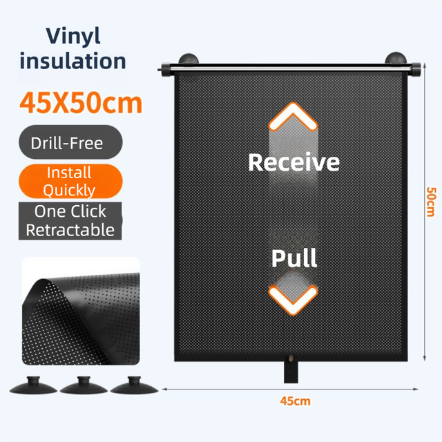 1 Pair Retractable Car Side Window Sun Shade (45 x 50CM) - 6 Layer Vinyl Insulation Reflective Roller Blinds, One Click Auto Rewind, One-Way Privacy, Universal Suction Cup & Velcro Fit