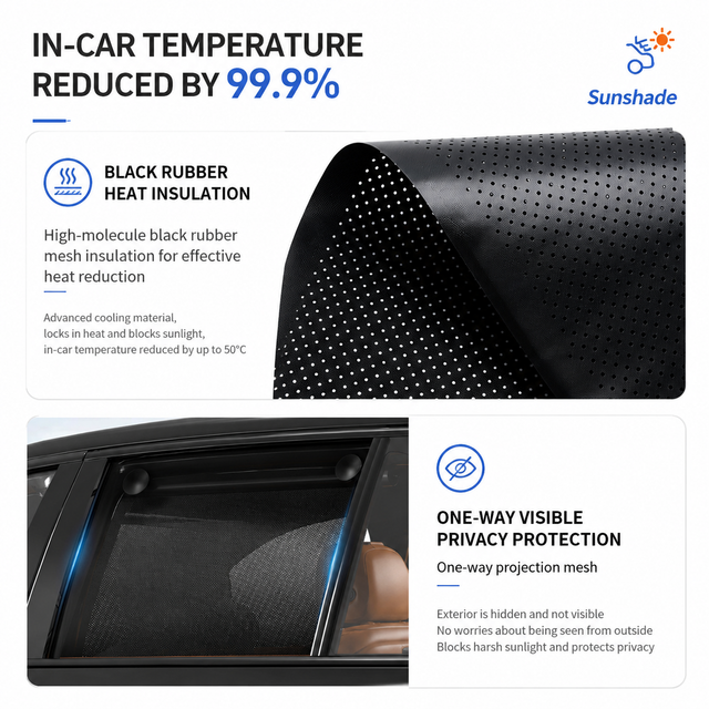 1 Pair Retractable Car Side Window Sun Shade (50 x 50CM) - 6 Layer Vinyl Insulation Reflective Roller Blinds, One Click Auto Rewind, One-Way Privacy, Universal Suction Cup & Velcro Fit