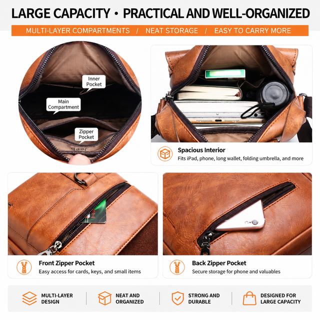 4PCS Brown Retro Business Casual Bag Set with Soft PU Leather Messenger Bag, Handbag, Long & Short Wallet - Large Capacity Multi Compartments and Structured Shape for 8" Ipad Phone Umbrella Cup