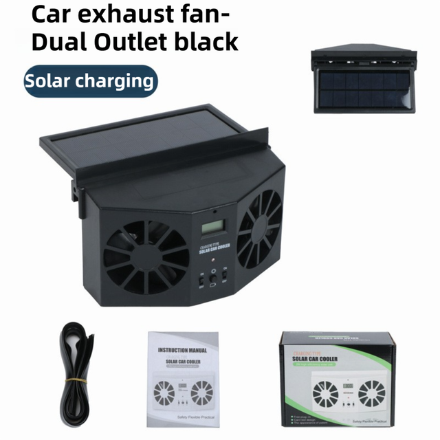 Black Solar Rechargable Dual Outlet Car Window Ventilation and Exhaust Fan - 4500 RPM Air Circulation and Foldable Space Saving, Remove Heat Odors Smoke and Stale Air for Most Vehicles without Anti-Pinch Feature