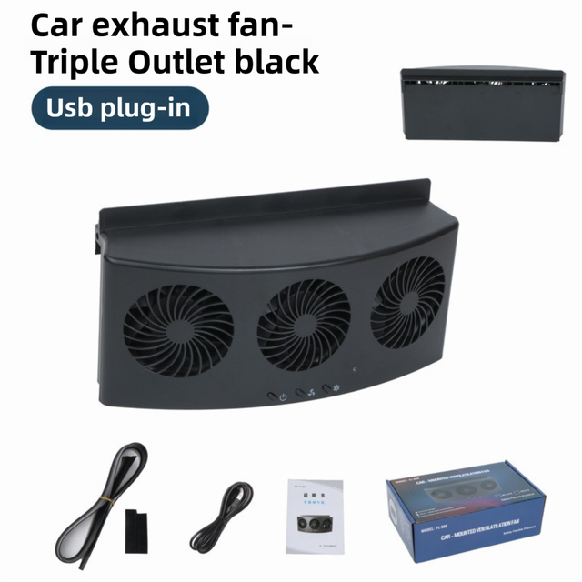 Black USB Plug in Triple Outlet Car Window Ventilation and Exhaust Fan - 4500 RPM Air Circulation and Foldable Space Saving, Remove Heat Odors Smoke and Stale Air for Most Vehicles without Anti-Pinch Feature